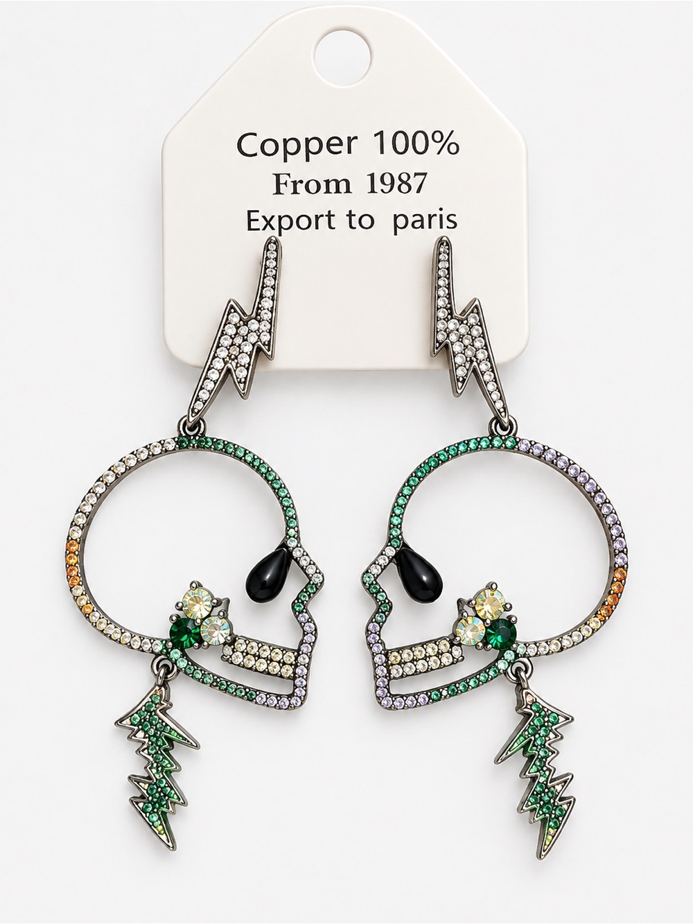 Rhinestone Skull Lightning Bolt Dangle Earrings Multicolor 18k over copper